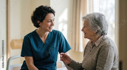 Compassionate female nurse talking with elderly woman patient in hospital room care setting