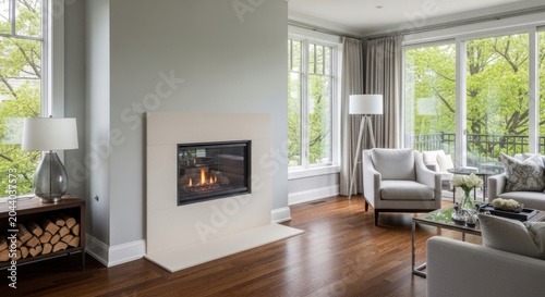 Modern Living Room with Gas Fireplace and Lush Greenery View