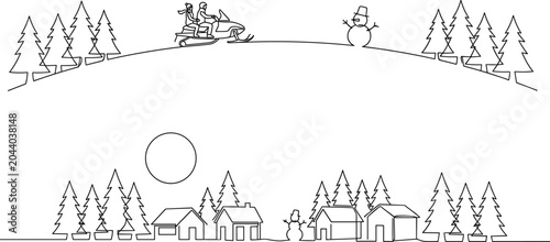 Bilde på lerret Winter landscape line art illustration with snowy village, pine trees, snowman,