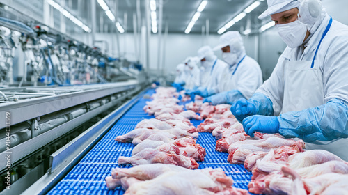 Industrial poultry processing plant with automated conveyor and adult workers in white protective suits handling raw chicken carcasses in clean factory