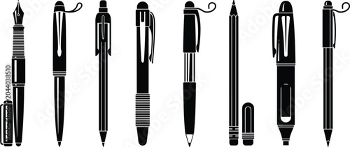 Tableau sur toile Writing Instrument Silhouette Vector Set Featuring Fountain Pens, Ballpoint Pens