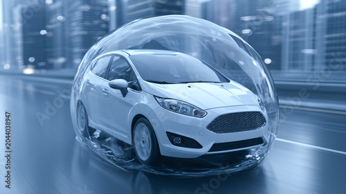 White car inside transparent bubble on road. Auto insurance concept representing vehicle protection and safety. Financial security of transport vehicle against accident or damage.
