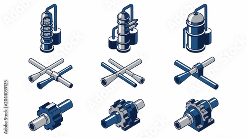 Photos Set of industrial equipment icons including distillation columns, cross shafts, and gearboxes in isometric view