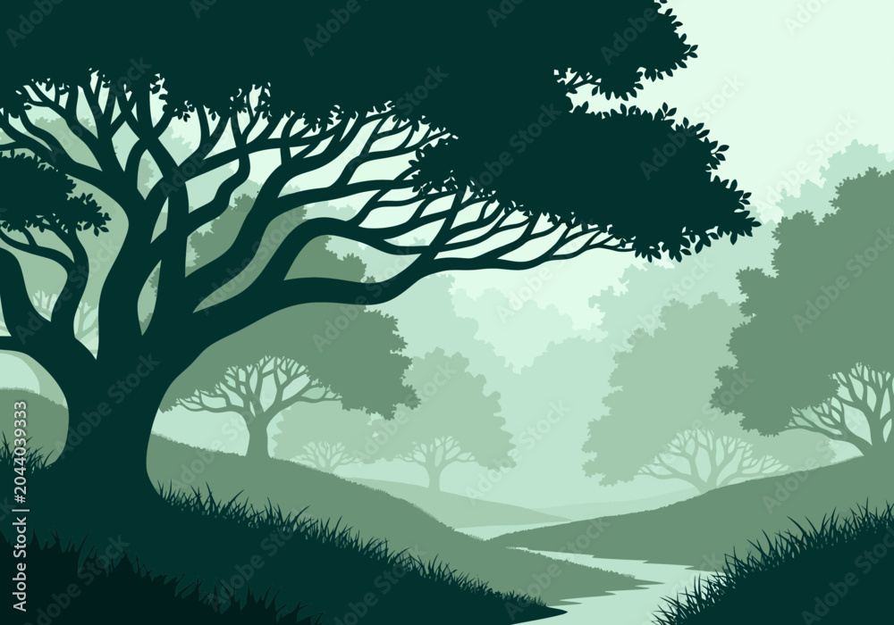 Fototapeta premium Misty Forest Landscape with Serpentine River and Silhouetted Trees