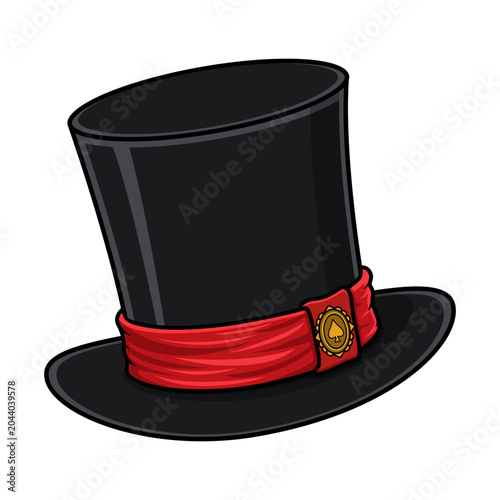 Elegant top hat accessory. Isolated cartoon vector black gentleman hat decorated with red ribbon and golden ornament, represents vintage fashion, magician performance, circus ringmaster character,