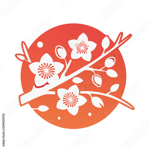 White cherry blossom branch on orange gradient circle