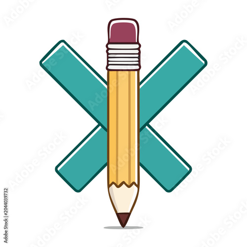 Yellow pencil with maroon eraser on teal cross symbol