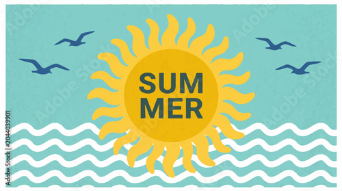 Foto Minimalist retro summer background with big yellow sun emblem, ocean waves, flying seagulls, and typography layout vector illustration