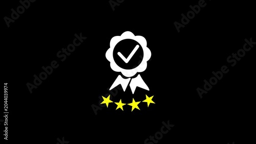 Businessman presenting quality assurance badge with four star rating and approval check mark above customer satisfaction, service excellence, trust, feedback. 4K Animation.