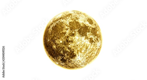 A golden-colored, textured sphere with craters and blemishes on a white background