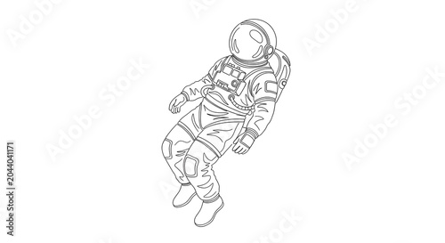 Astronaut in Space Suit Floating in Zero Gravity Black and White Line Drawing