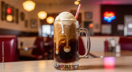 A refreshing root beer float with ice cream and a red straw in a glass mug at a diner