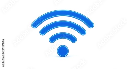 A blue Wi-Fi symbol on a white background with curved lines and a circle