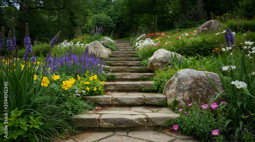 This AI-generated image features rustic stone stairs winding through a lush, colorful garden filled with wildflowers and dense trees