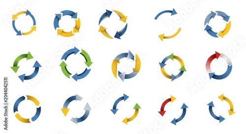 A collection of 16 circular arrow icons in various colors arranged in four rows
