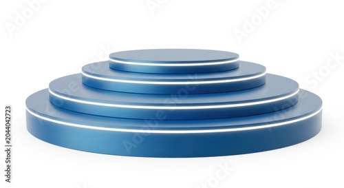 A stack of four shiny blue circular platforms with white accents