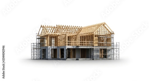 A partially constructed two-story house with exposed wooden framing and scaffolding