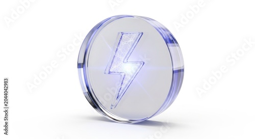 A 3D illustration of a translucent blue circle with a lightning bolt symbol