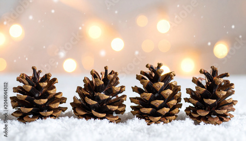pinecones, fairy lights, snowfall effect, Generated image	

