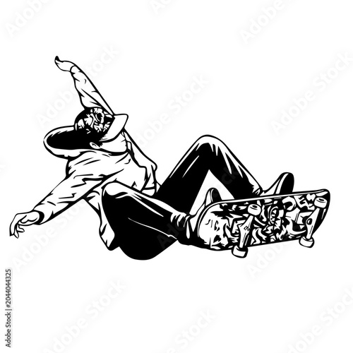 Searchable Title Black and White Skateboarder Vector Illustration – Urban Skateboard Ollie Jump Trick Graphic, Line Art Stencil of Skater in image