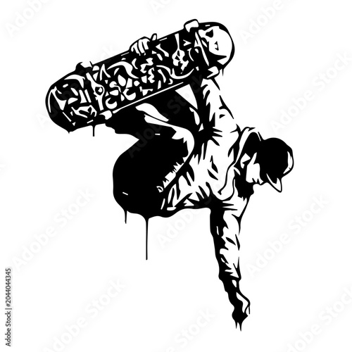 Searchable Title Black and White Skateboarder Vector Illustration – Urban Skateboard Ollie Jump Trick Graphic, Line Art Stencil of Skater in image