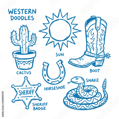 Western theme hand drawn doodle vector set featuring cactus sun cowboy boot horseshoe sheriff badge and snake icons
