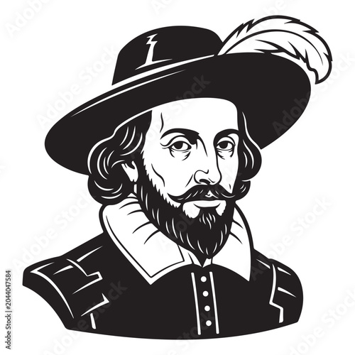 William Shakespeare portrait vector illustration with feathered hat beard and ruff collar for literature and theater themes