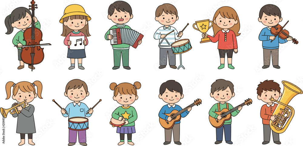 Fototapeta premium Children Playing Musical Instruments Collection School Music Education Band Performance Vector Illustration Set