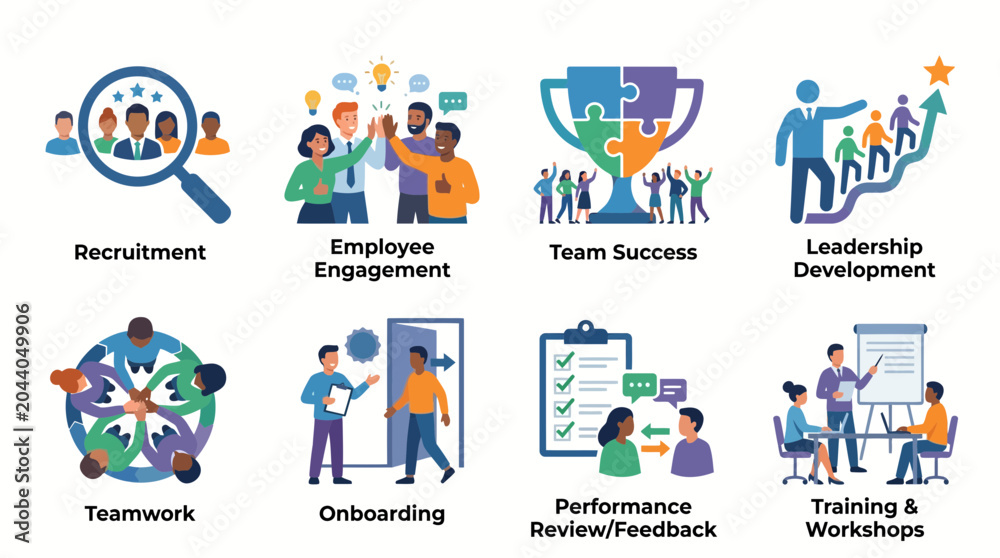 Fototapeta premium A vibrant illustration showcasing various aspects of business teamwork including recruitment and leadership development