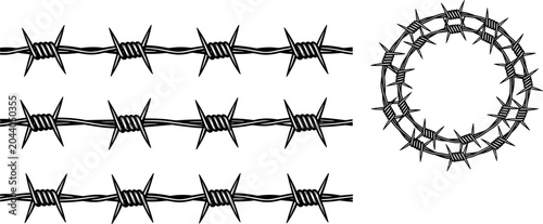 Bild auf Leinwand Black and White Barbed Wire Set with Three Horizontal Rows and One Circular Thor
