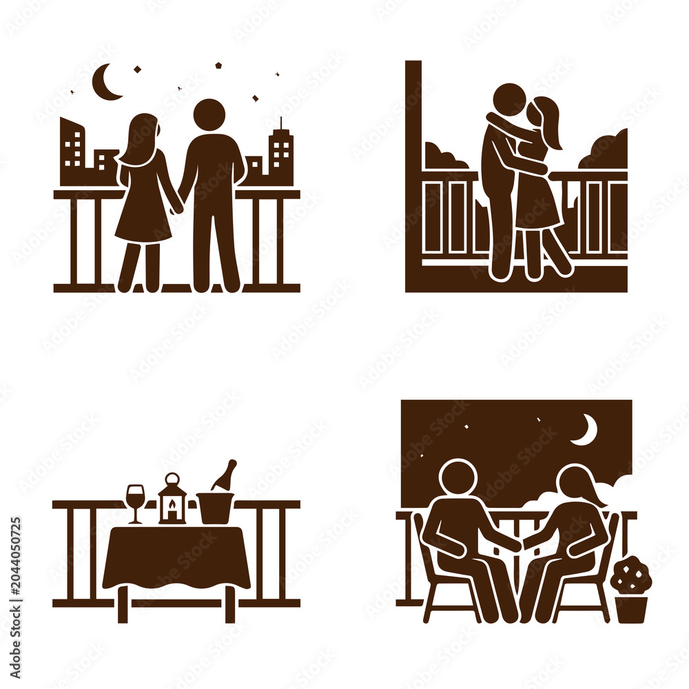 Fototapeta premium Romantic couple on balcony evening date icon set with romantic, nighttime