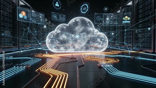 Futuristic cloud computing concept with illuminated data connections and digital network visualization