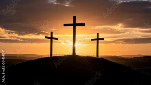 Sunset view of three crosses on a hill with dramatic clouds and warm golden sky