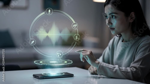 Young woman interacting with futuristic holographic audio interface and sound wave technology at home