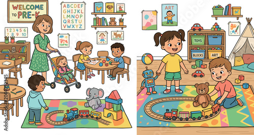 Happy Kids and Teacher Playing with Toys in Kindergarten Classroom Scene Vector Illustration for Preschool Education Banner Designs