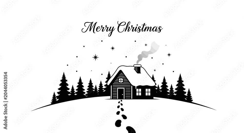 Obraz premium Merry Christmas Scene With Snowy Cabin, Forest, and Footprints