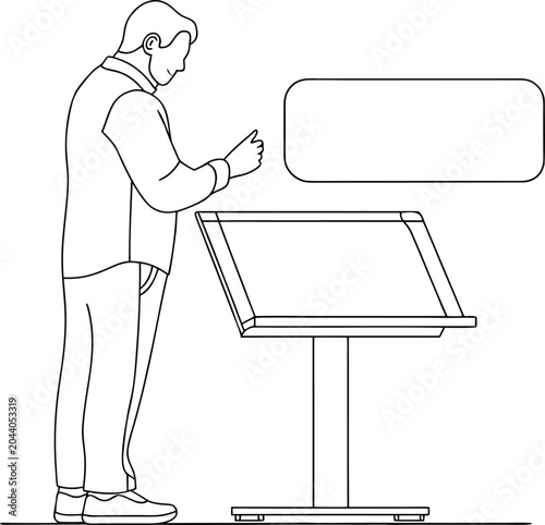 Professional man standing next to digital kiosk screen presenting project information.