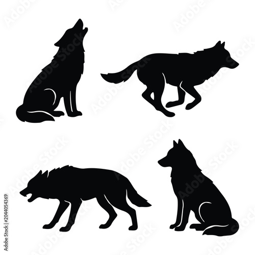 Фотография Wolf poses set — howling, running, sitting, snarling icon Silhouette Vector blac