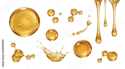 Set of golden liquid drops, honey splashes and oil bubbles isolated on transparent background