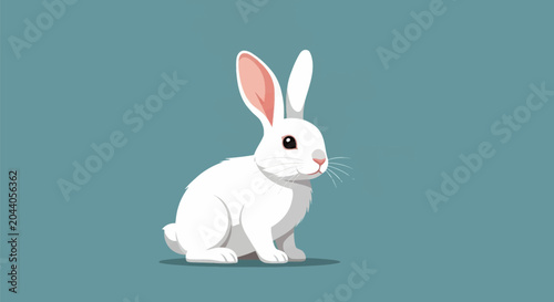 Minimalist vector illustration of a white rabbit sitting on a solid teal background. Features long ears, pink nose, and whiskers in a clean flat design style for graphic use.