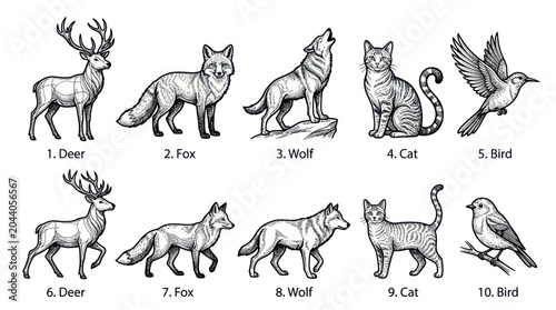 Canvas Print Collection of Hand-Drawn Wildlife and Domestic Animals Sketch