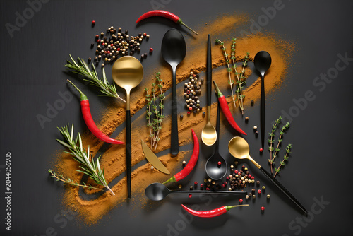 Top view flat lay of elegant black and gold spoons with vibrant red chili peppers, fresh herbs, and aromatic spice powder on dark background. Creative culinary concept for gourmet menu and textile des