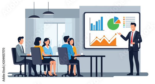 Fotografi Flat style vector illustration of a businessman presenting growth charts during