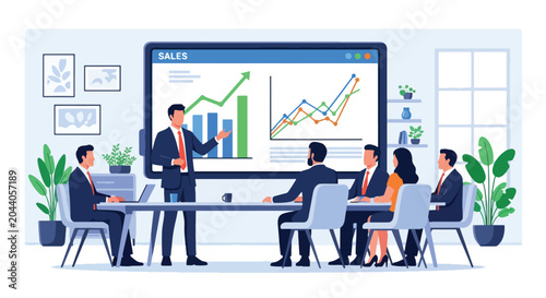 Cuadro en lienzo Flat style vector illustration of a businessman presenting growth charts during
