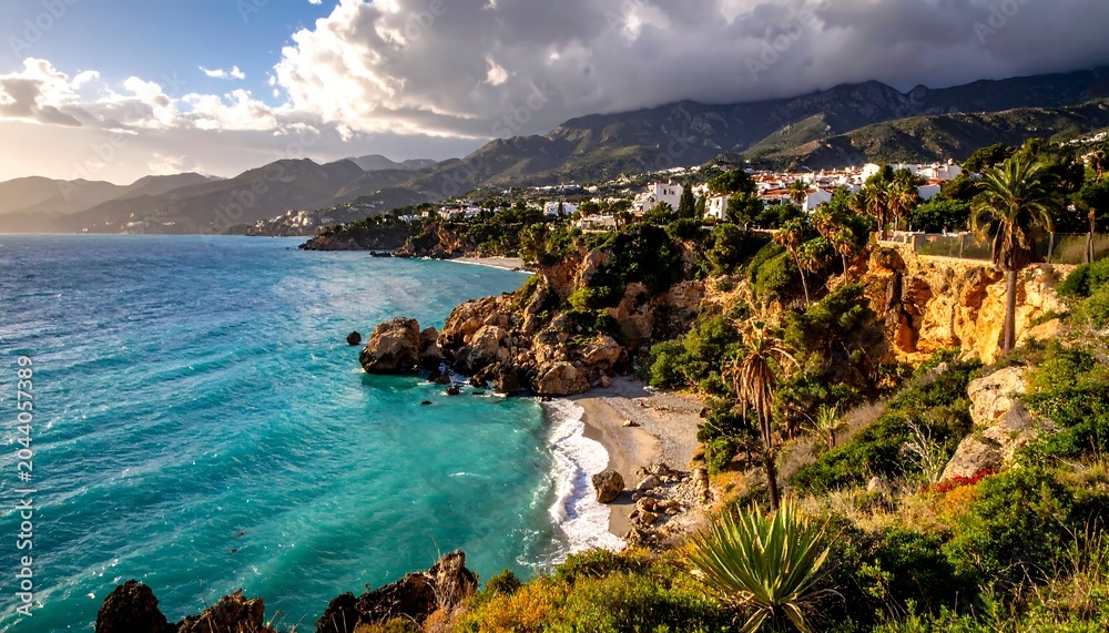 Fototapeta premium Coastal view of turquoise waters, rocky beach, and hillside town under a cloudy sky