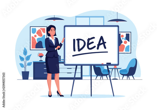Obraz na płótnie Flat style vector illustration of a businesswoman presenting a creative idea on