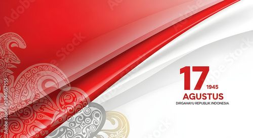 Vibrant red and white graphic design with elegant dynamic waves and intricate cultural patterns, creating a powerful background for patriotic celebrations and festive national events