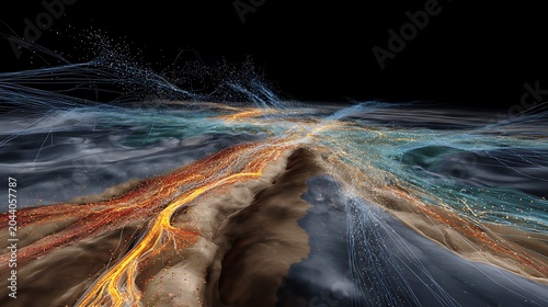 Swirling molten lava river flowing over black volcanic rock