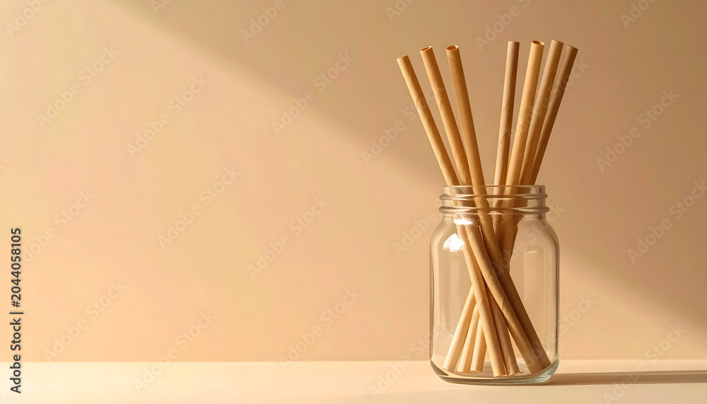 Fototapeta premium Eco friendly biodegradable paper straws in glass jar on beige background with natural light and copy space