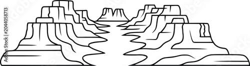 Desert canyon landscape mesa and butte mountain range in outline style on white background